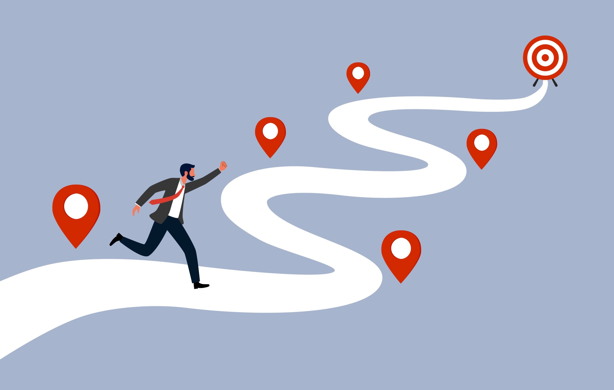 An employee running to different career milestones.